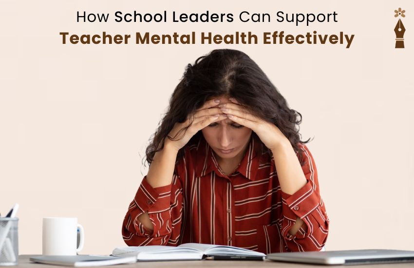 School principal supporting happy teachers with wellness activities and mental health resources