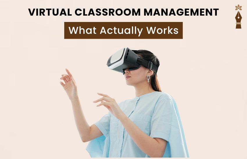 Teacher managing virtual classroom with students on screens, using kind and structured online teaching strategies