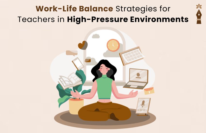 Stressed teacher using a planner and self-care tools to manage workload and find work-life balance in a busy classroom