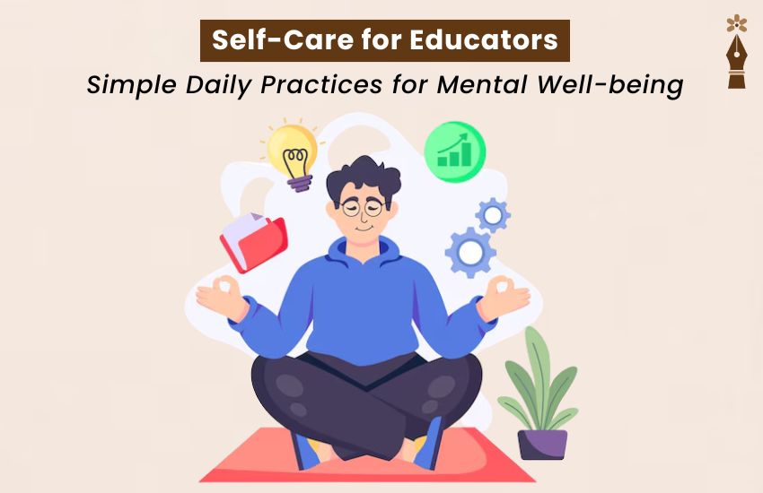 Teacher practicing mindfulness and journaling after school for mental well-being and daily self-care routine