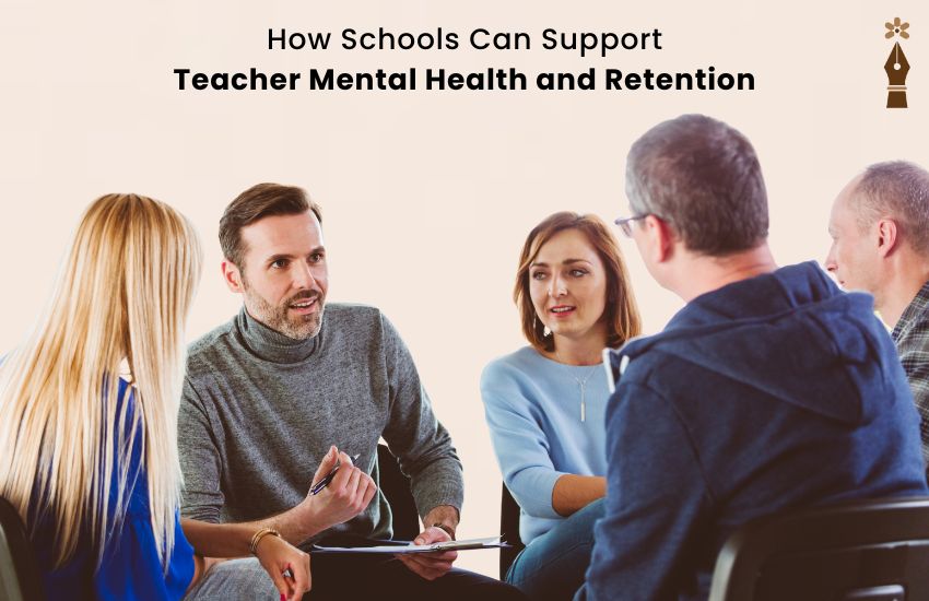 Teachers in a school staff room practicing wellness and receiving support to reduce burnout and improve mental health
