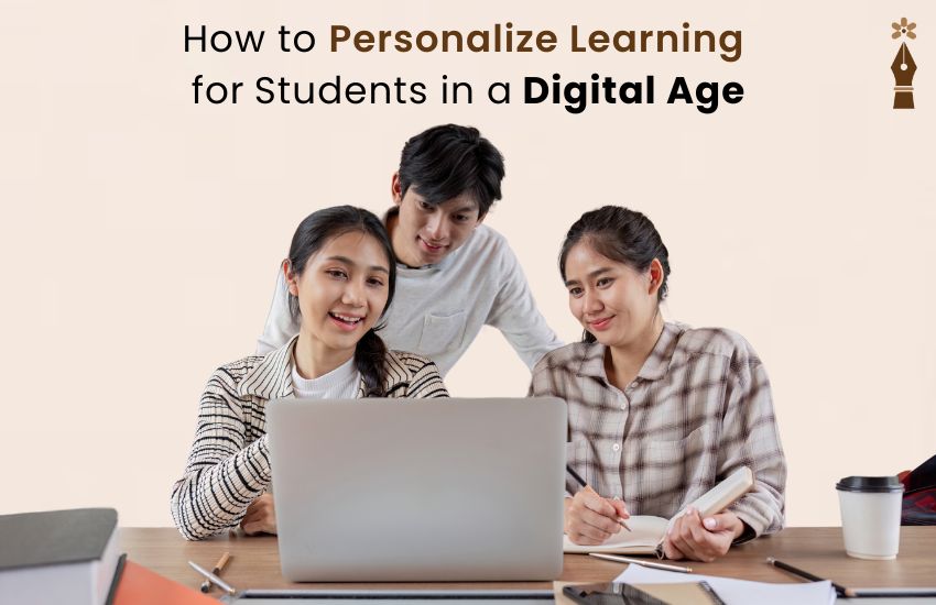 Teacher using a tablet in classroom to personalize lessons with AI-powered education tools for different student needs