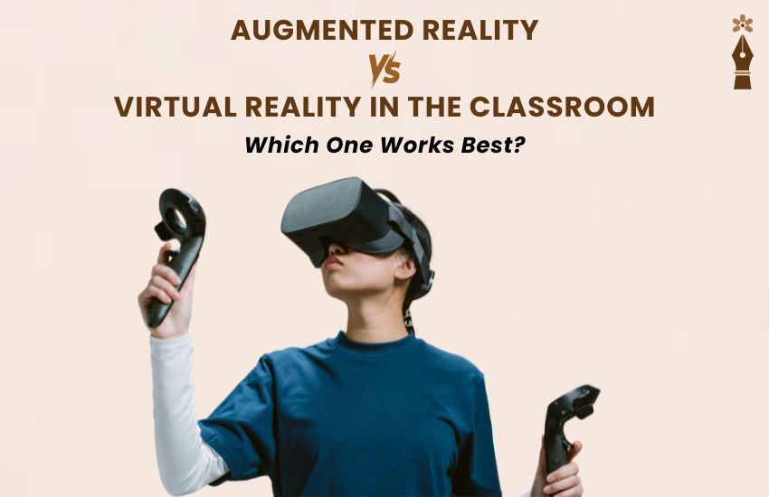 Students using AR and VR headsets in a classroom for immersive learning experiences in science and history