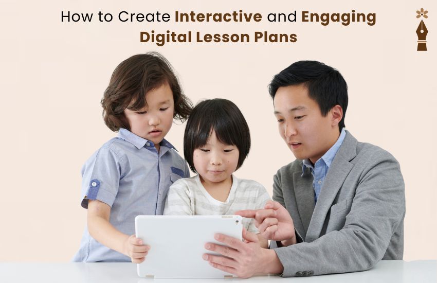 Teacher creating interactive digital lesson plans using online tools and apps on a laptop in a virtual classroom