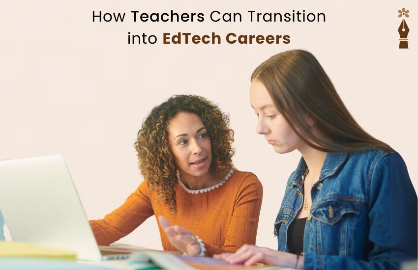 Teacher transitioning to EdTech career, using laptop and learning digital tools in an online environment