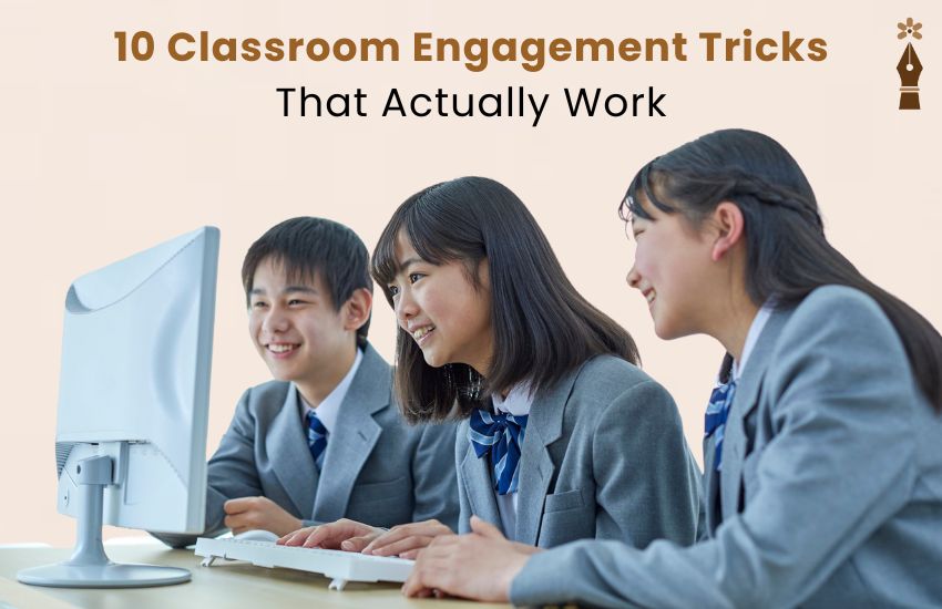 Teacher engaging students using interactive tools, group discussion, and visual lesson plans in a modern classroom