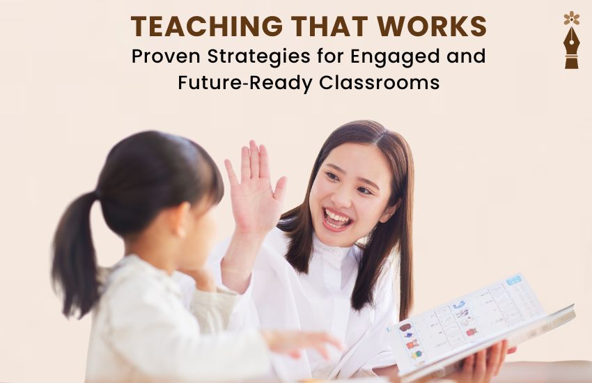 Teacher leading engaged classroom with students collaborating, using tech tools, and participating in active learning tasks