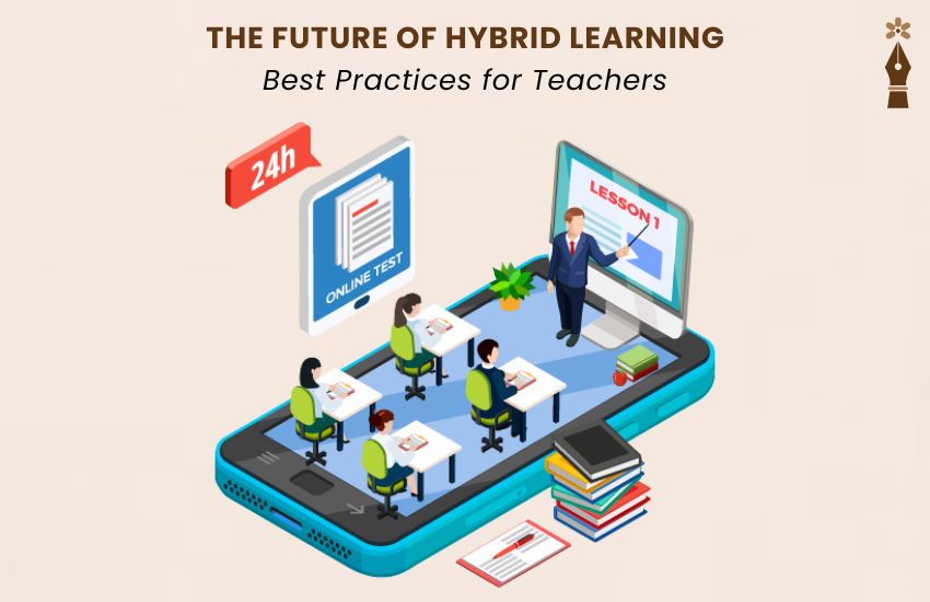 Teacher using tech to engage students in hybrid classroom with both online and in-person learning tools