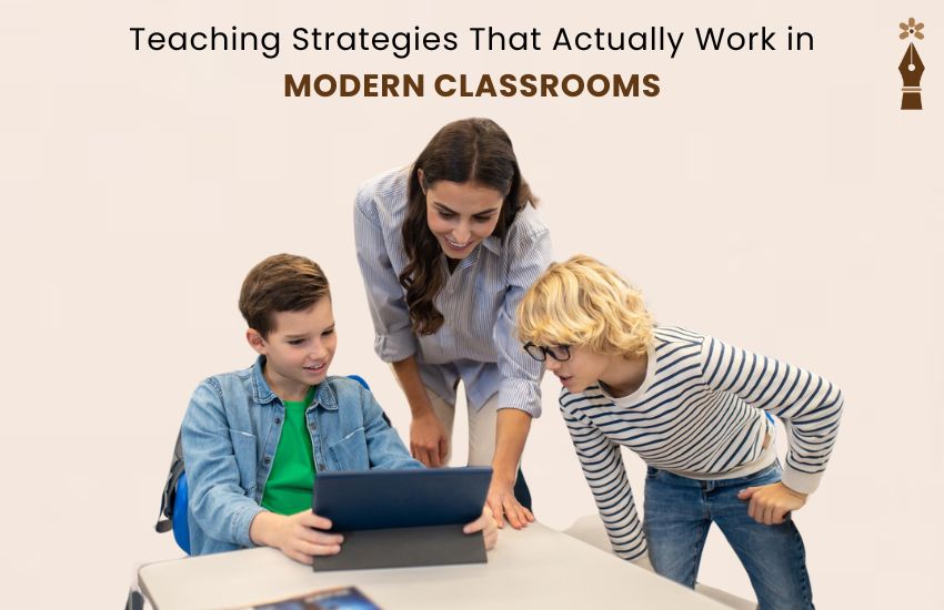 Teacher using interactive teaching strategies with engaged students in a modern classroom setup