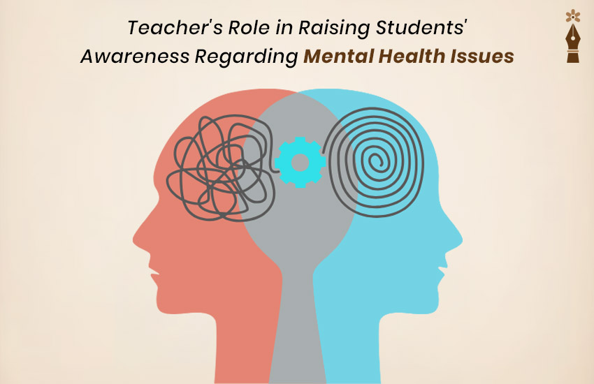 Teacher guiding students in a classroom discussion on mental health awareness