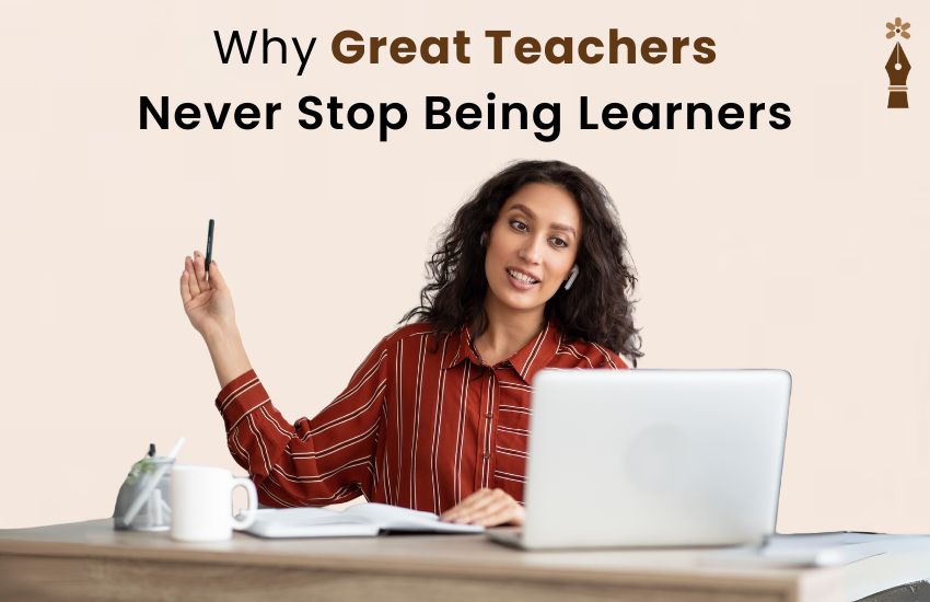Teacher reading on laptop with notebook, symbolizing lifelong learning and professional development in education