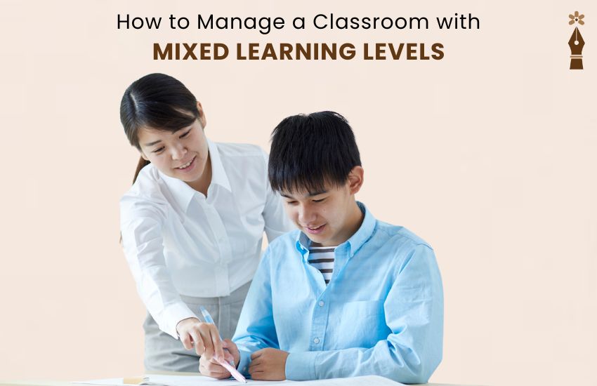 Teacher managing a diverse classroom of mixed learning level students using group work and student-centered instruction