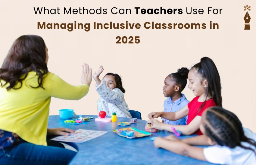 Teacher using inclusive teaching methods with diverse students in a 2025 blended classroom setting